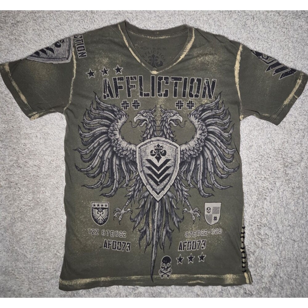 Affliction T-Shirt Men’s Small Olive Green Eagle Crest Graphic Y2K Distressed